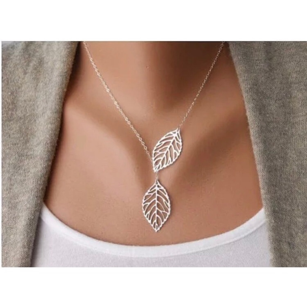 Dainty leaf necklace silver cutout silver toned